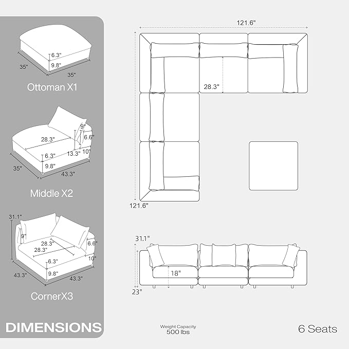 Fajiani Oversized Modular Sectional Sofa,Cloud Couch Deep Seat Sofa Cushion Covers Removable, Oversized Sectional Couches for Living Room (6 Seater V Shaped-Cream White)