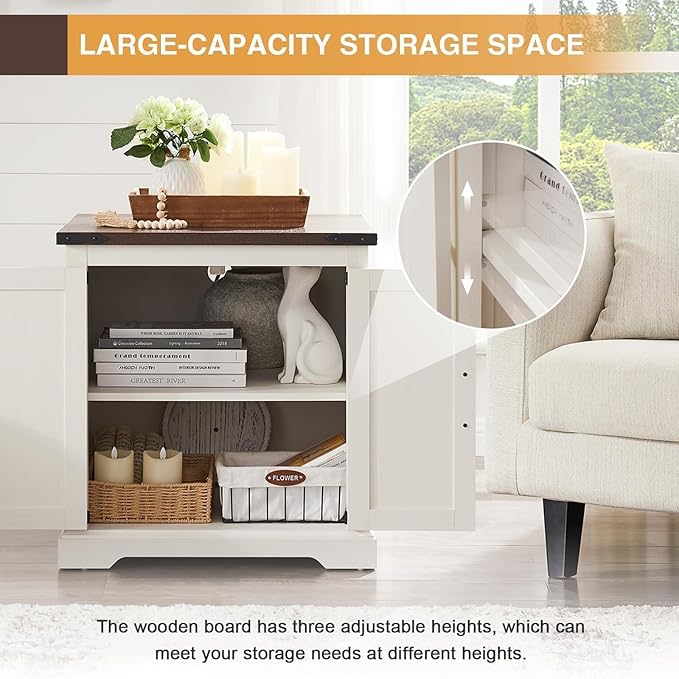 Barnyatoh Farmhouse End Table with Charging Station,24" Large Sofa Side Table with Barn Door, Rustic Wood Square Nightstand Bedside Table with Adjustable Shelf for Living Room, Bedroom,Antique White