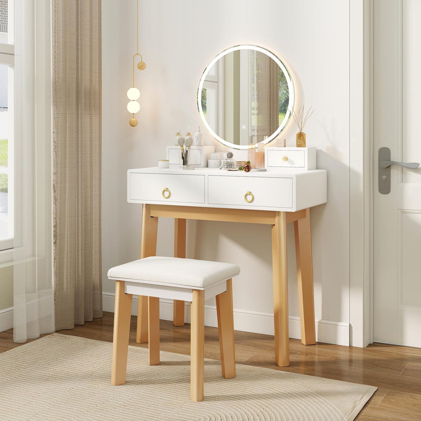 COSTWAY Vanity Table Set with LED Lighted Mirror, Makeup Dressing Table Set with 3 Color Lighting Modes & Adjustable Brightness, Vanity Desk with Cushioned Stool for Women, Girls, White