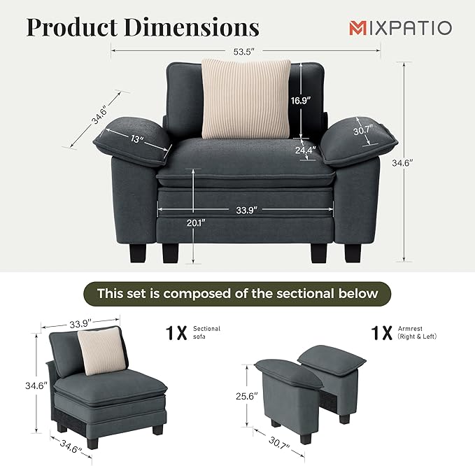 MIXPATIO 53.5" Modular Sectional Single Sofa, Soft Plush Chenille Armchair with Comfortable Deep Seat & Removable Arms for Living Room，Cyan