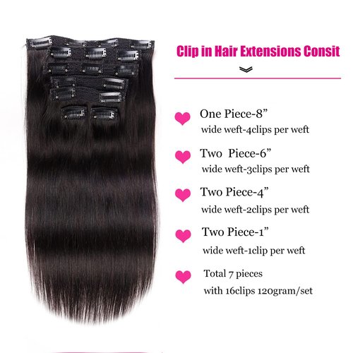 Clip in Hair Extensions Real Human Hair 22Inch 120g/set Straight Human Hair Clip in Extensions 7pcs Thick Remy Brazilian Human Hair Clip ins for Women Jet Black Color