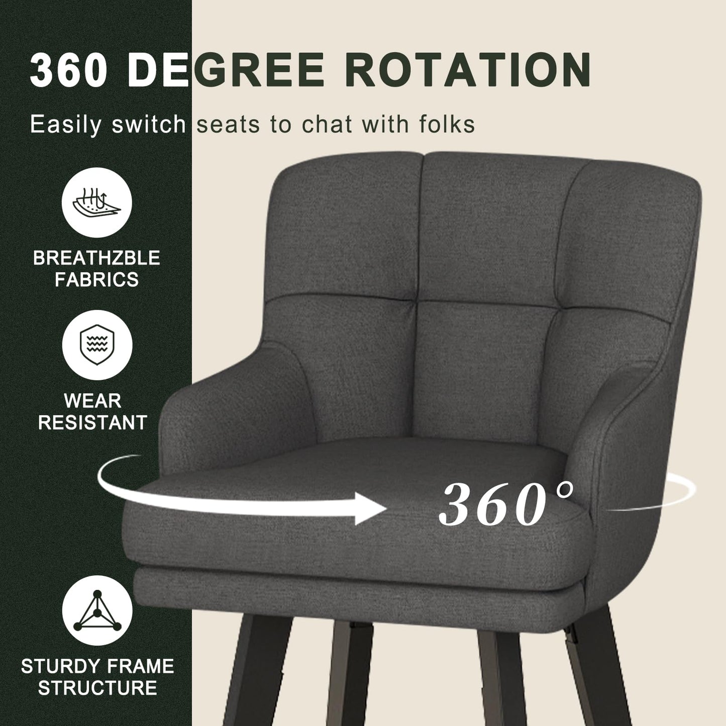 SAECKBERG 360°Swivel Counter Height Bar Stools with Back, 26 inch Solid Wood Legs, Bar Stool Modern Kitchen Island Chairs, Fabric (Black Grey- Fabric, 26" H- Set of 2)
