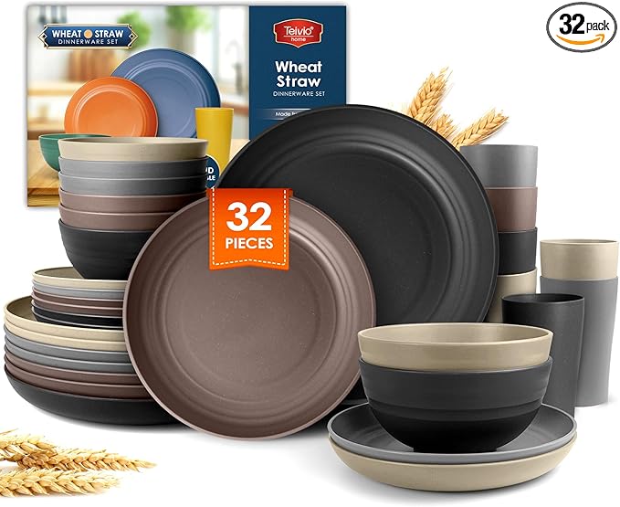 Teivio 32-Piece Kitchen Plastic Wheat Straw Dinnerware Set,Service for 8,Unbreakable Dinner Plates, Bowls,Cups,Farmhouse Outdoor Camping Dishes for Rustic Life/Country/Vintage Colorful,Aesthetic