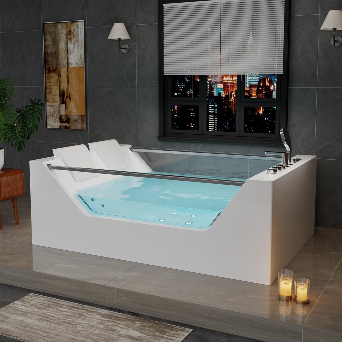 Empava PRO Series Model Jetted Tub, Freestanding Whirlpool Bathtub | 71"x48" Heated Bubble for 2 | Thermostatic Control & Chromotherapy Lighting | White Acrylic (ETL Certified)