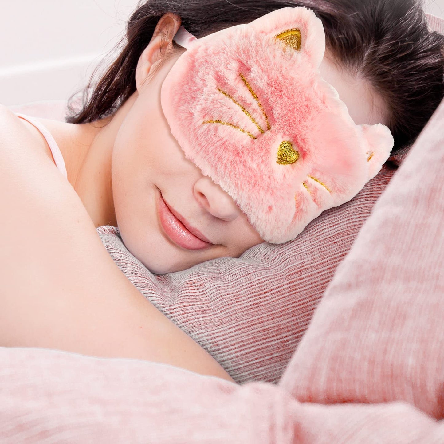 3 Pieces Sleep Mask for Kids, Girls Plush Sleeping Eye Cover Soft Eye Blindfold Cover Animal Shade for Kids(White, Pink and Rainbow Color,Cat Style)