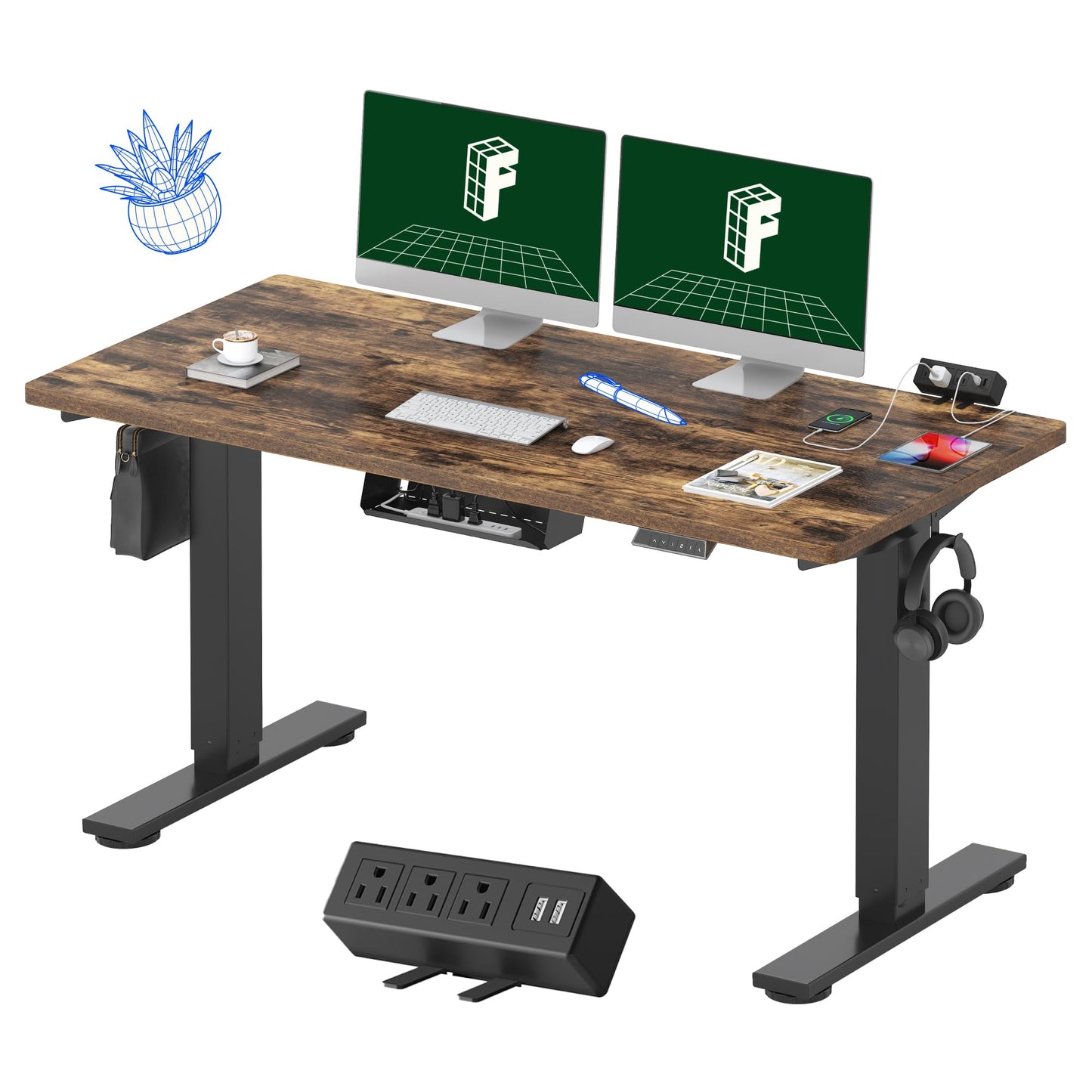 FLEXISPOT EN2 Whole-Piece Standing Desk with Clamp Power Strip, 55 x 28 Electric Stand Up Height Adjustable Desk with Cable Management (Black Frame + 55" Rustic Brown Desktop, 2 Packages)