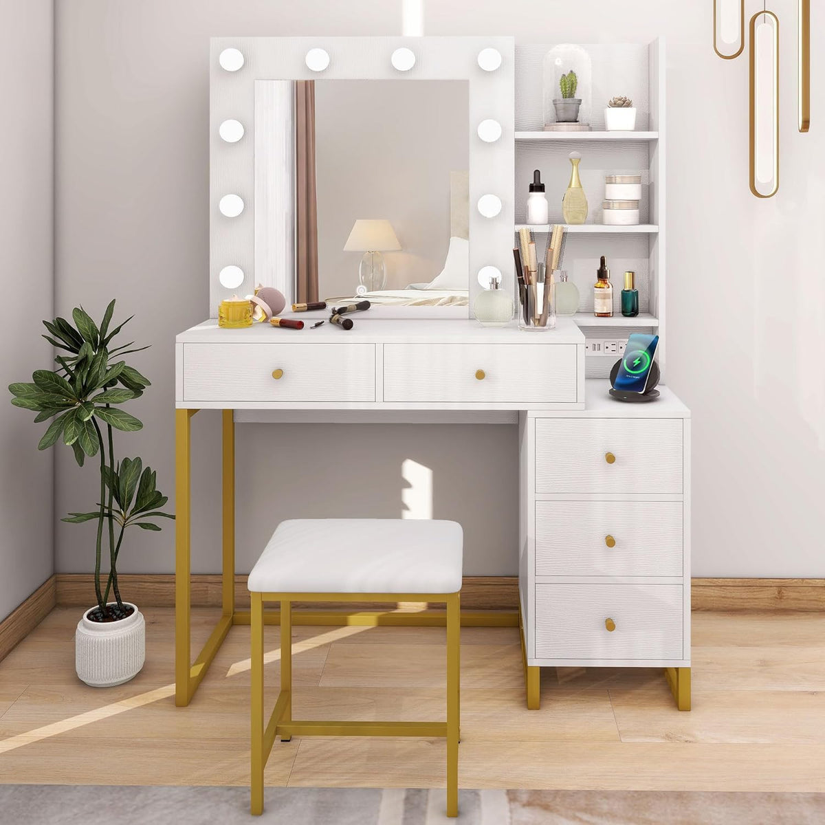 YITAHOME Makeup Vanity Desk with Mirror & Power Outlet, Hollywood Vanity Set with Hidden Jewelry Storage, 5 Drawers and Lots Shelves, Adjustable 3 Lighting Colors, Dressing Table with Stool, White