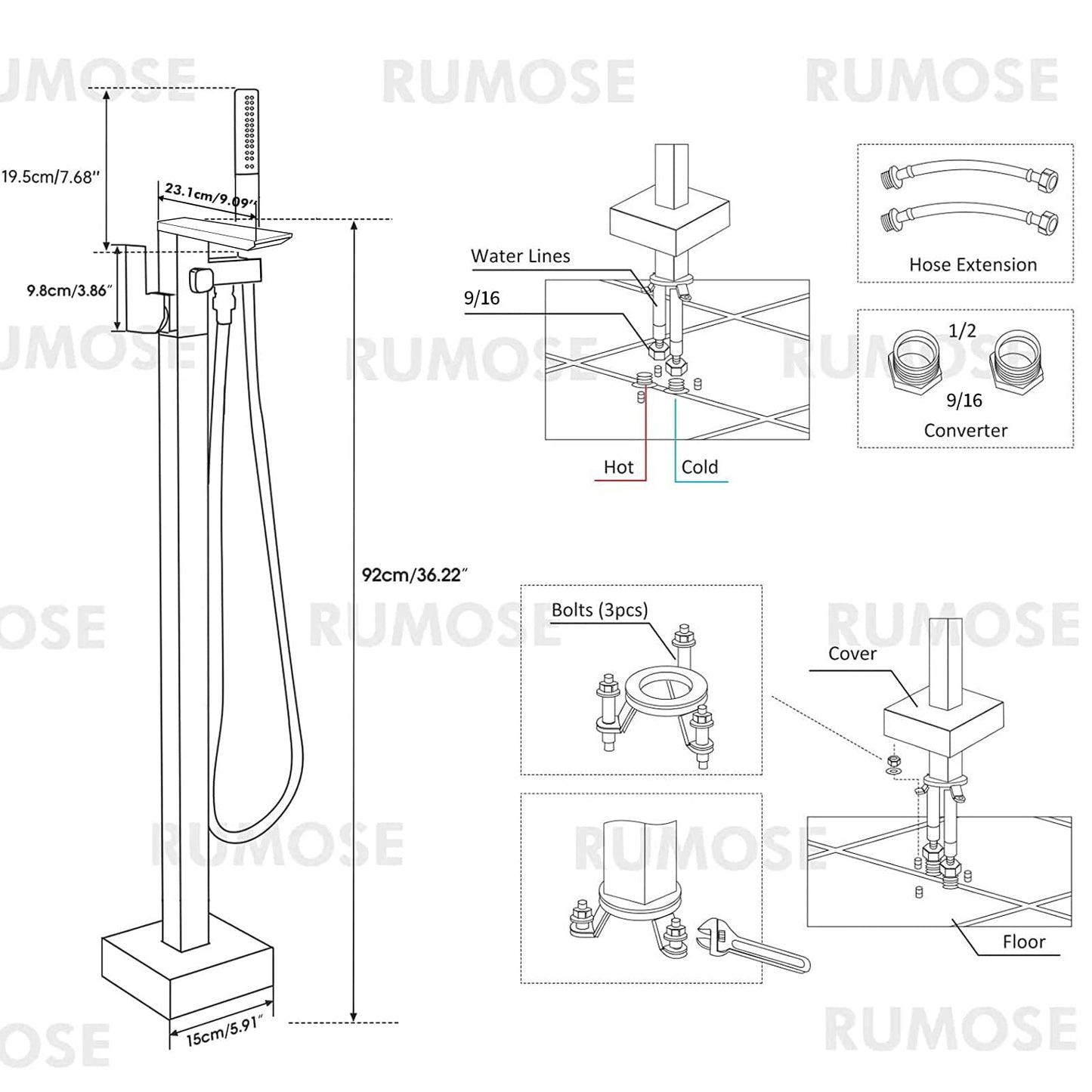 RUMOSE Matte Black Bathtub Filler Freestanding Tub Filler Floor Mount Tub Faucet Waterfall Free Standing Bathtub Faucet High Flow Brass Bath Shower Faucets with Handheld Sprayer