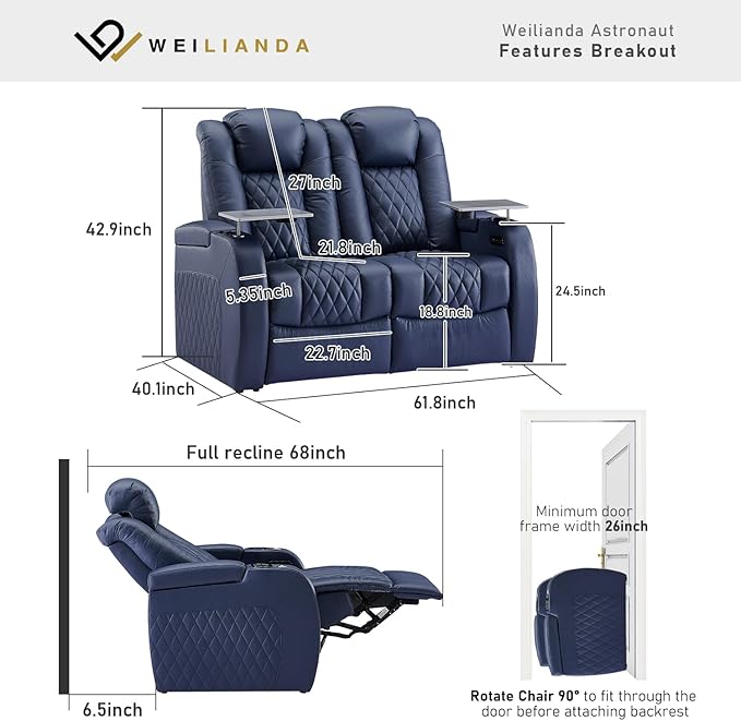Weilianda Home Theater Seating Top Grain Leather Zero Gravity Recliner Chair Power Headrest Recline Movie Seat Gaming 7 Colors Mood Light Sofa with Tray Table USB Charge Row of 2 Loveseat Blue