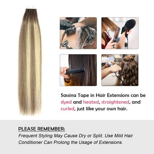 Sassina Tape in Hair Extensions Rooted Brown to Blonde 20 Inch Remy Human Hair 50 Gram Soft Invisible Seamless Skin Weft Human Hair 20 Pcs #R3/8-613
