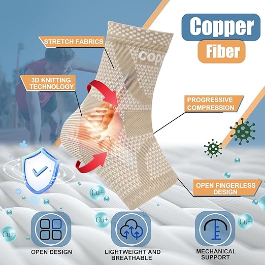 LISEPWU Copper Ankle Brace, Copper Infused Ankle Support Compression Sleeve for Men & Women, for Foot Pain Relief, Sprained Recovery, Achilles Tendonitis, Daytime or Night Use(Skin White M)