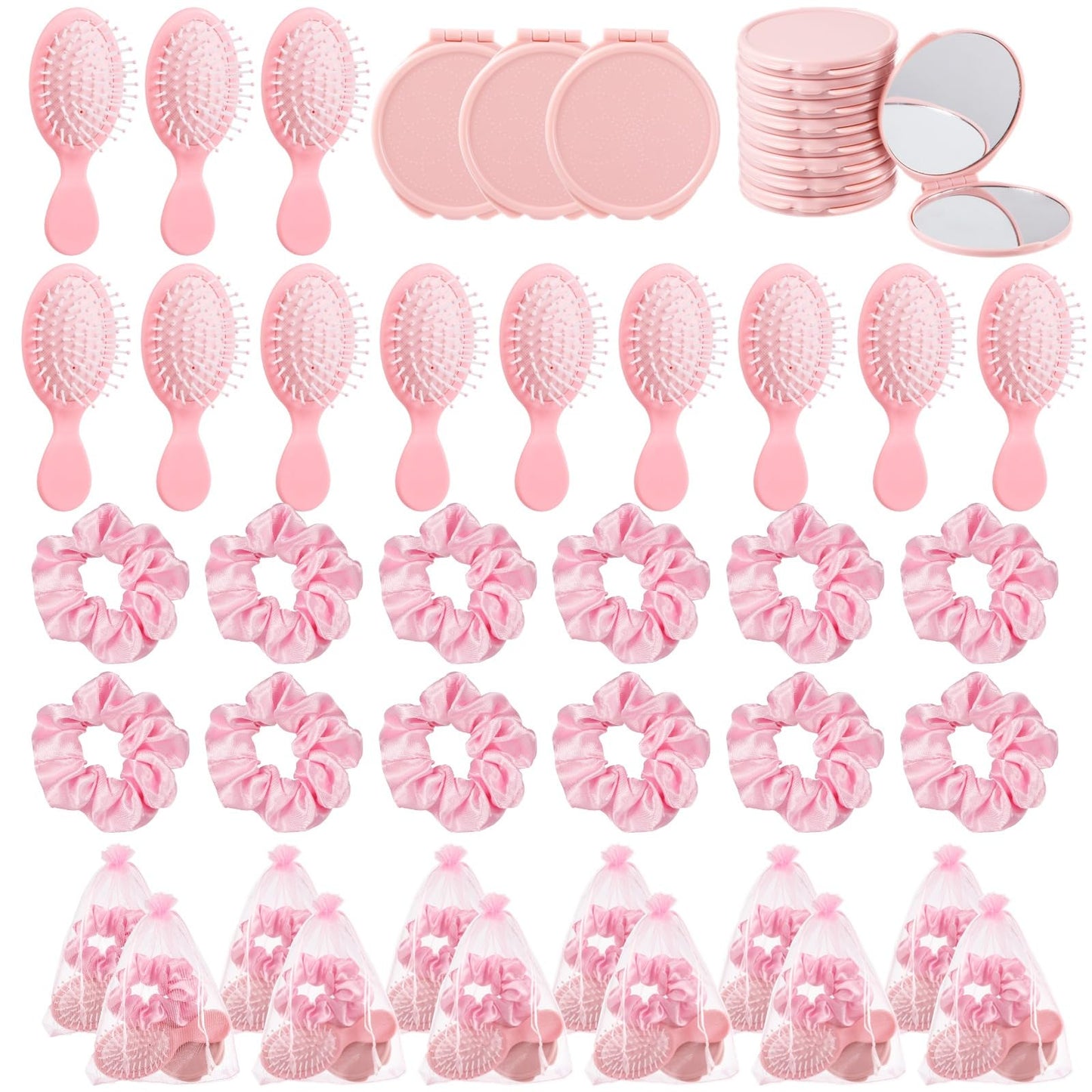 Tideme 48 Pcs Pink Party Favors, Pink Makeup Party Supplies, Including Hair Brushes, Elastic Scrunchies, Pocket Cosmetic Mirrors