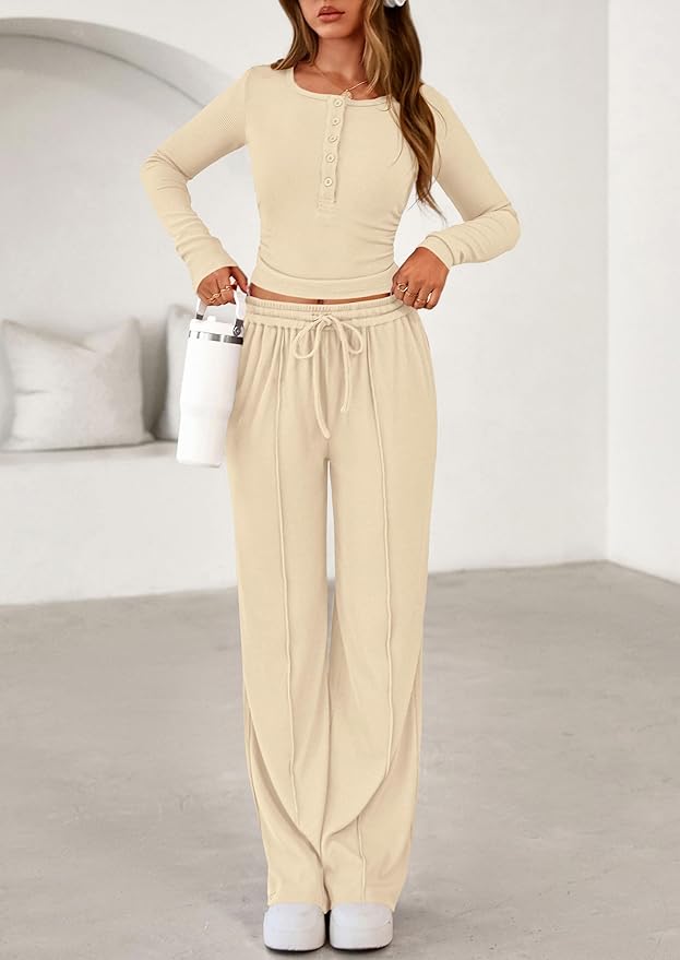 PRETTYGARDEN Women's 2026 Fall Trendy 2 Piece Outfits Lounge Sets Long Sleeve Top Henley Shirts Wide Leg Pants Travel Clothes