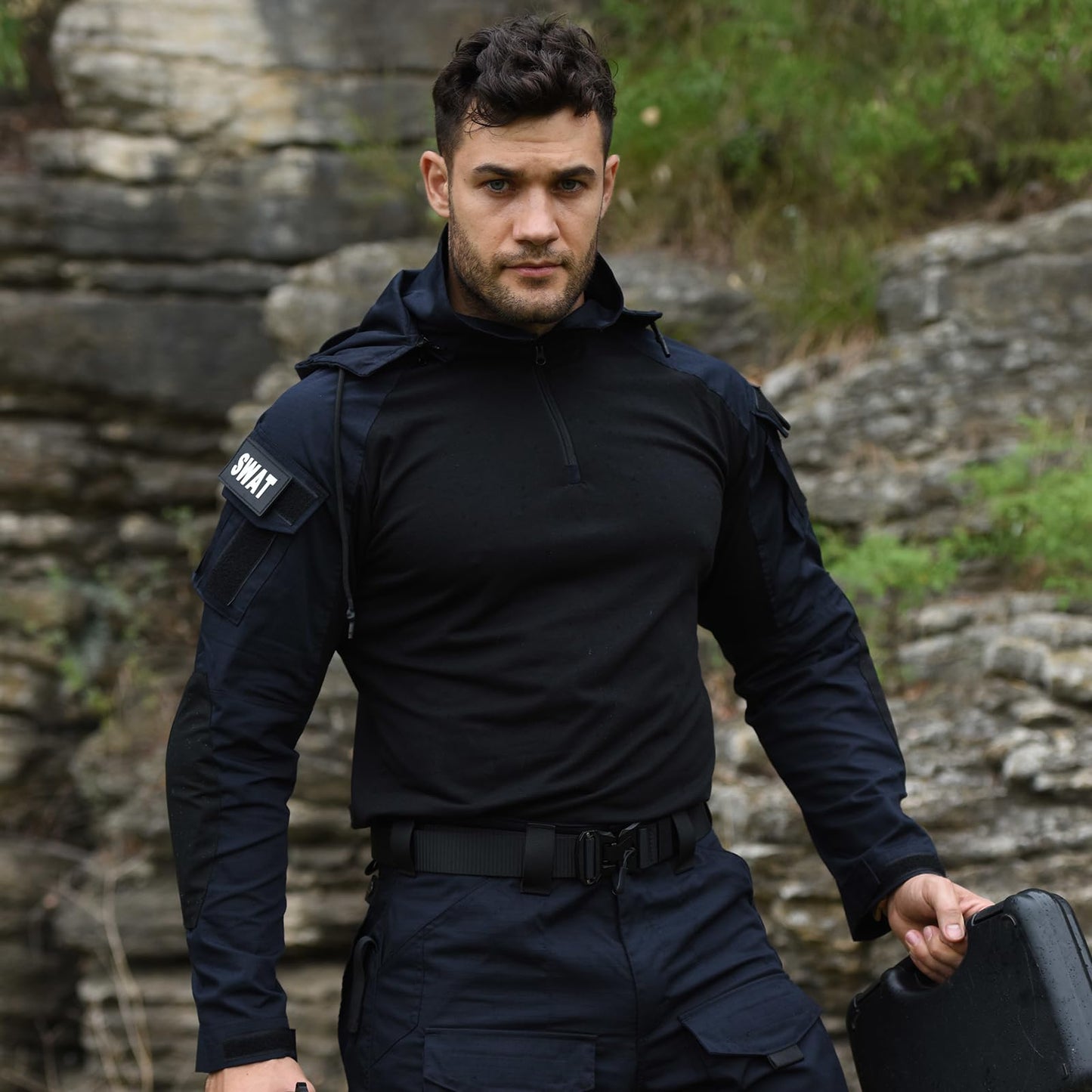 Men's Tactical Shirt Combat Airsoft Long Sleeve Shirts with Elbow Pads Camo Military T-Shirt with Hood