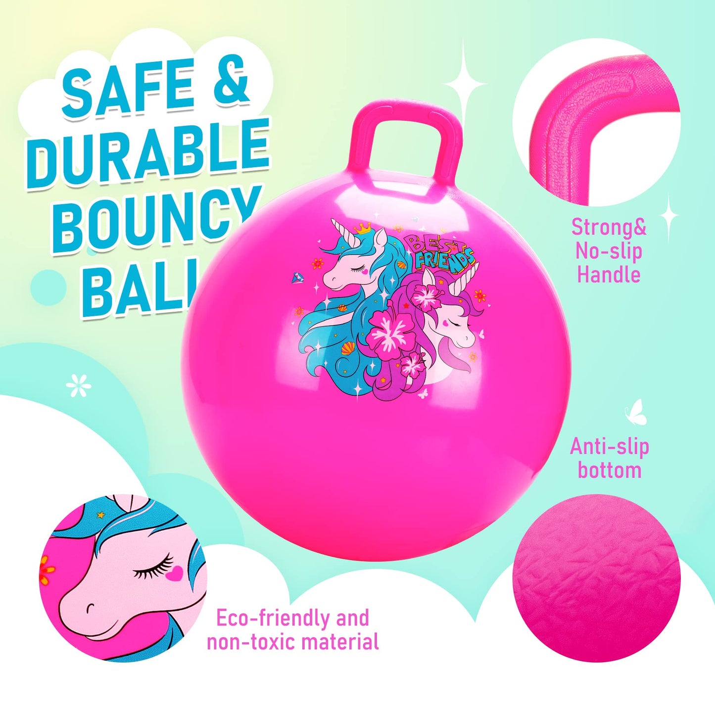 U&C Planet Hopper Ball 18 inches Bouncy Ball with Handle for Kids Age 3-6 Hoppity Hop Sit and Bounce Jumping Hopping Toy with Pump and Gift Box Great Gift for Birthday Christmas, Pink