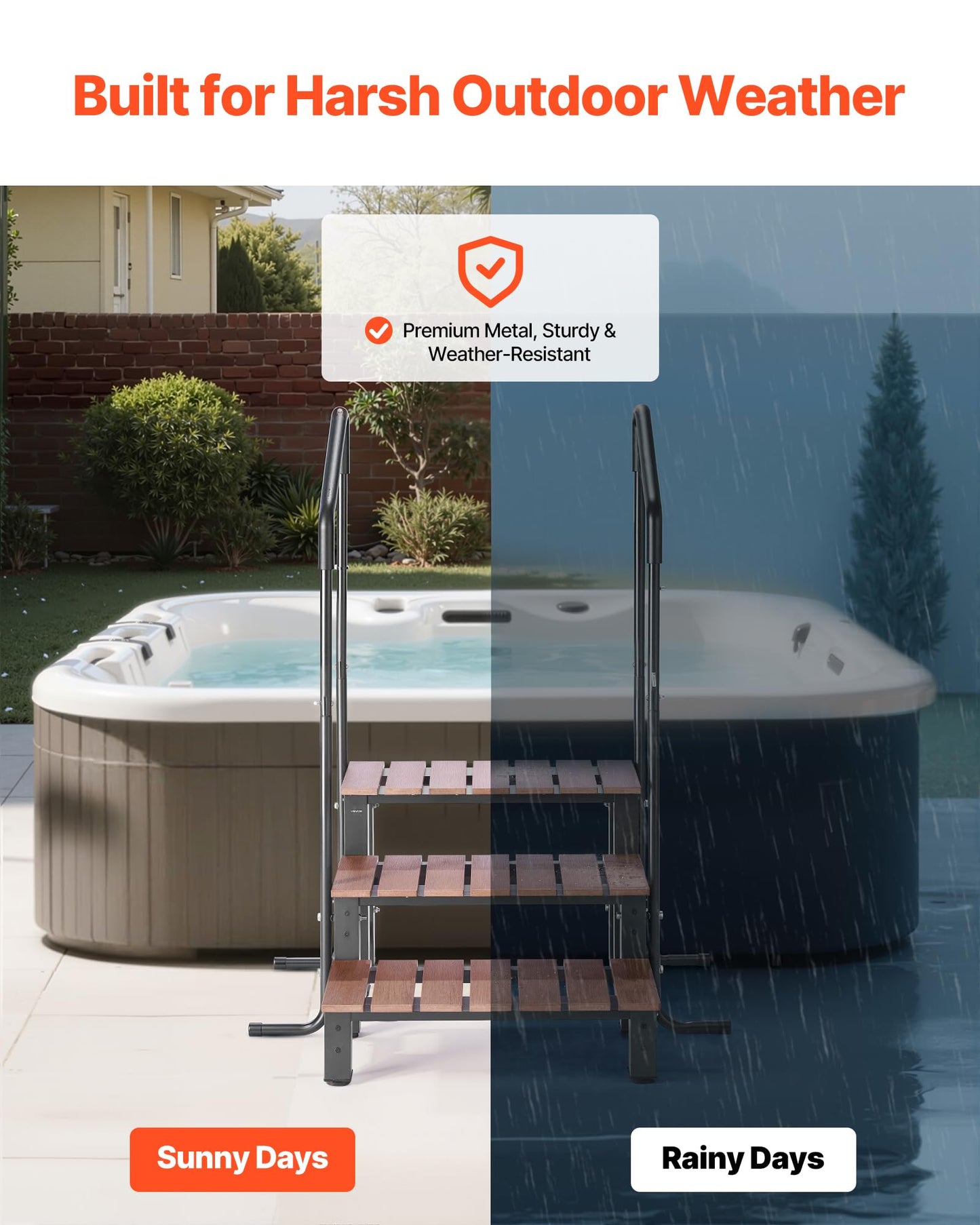 VEVOR Hot Tub Steps with Handrail, 3-Step Spa Outdoor Stairs, Heavy Duty 25.2 inch Wide Above-Ground/Inflatable Pool Step with 550 lbs Weight Capacity, Multi-Use for Porch, Patio, Deck, Trailers