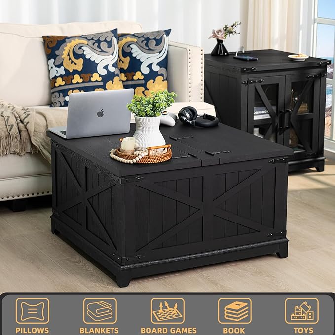 Farmhouse Coffee Table Sets 3 Pieces, Large End Side Tables with Charging Station and Coffee Table with Hidden Storage Compartment, Black Living Room Table Set, Wood Furniture Sets for Home Office