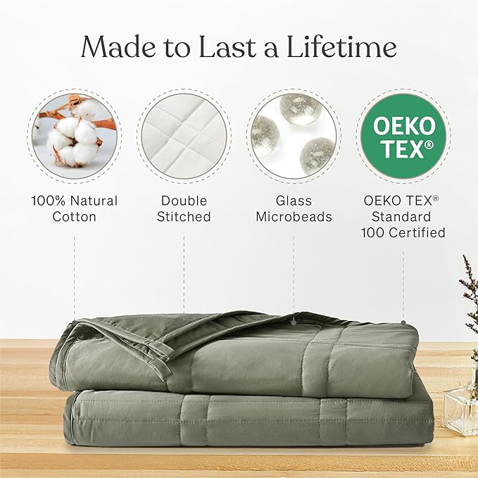 Baloo Weighted Blanket for Adults 20 lb (Vert, 80"x87") | Cool & 100% Cotton | Machine Washable & Dryer Safe | Glass Microbead Fill