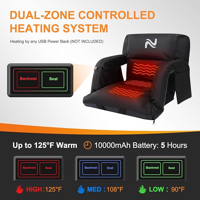 NAIZEA Wide Heated Stadium Seat for Bleachers w/Back Support & Cushion, Portable Bleacher Seats Foldable Stadium Chair with Armrests for Sports Events, Outdoor, Camping, Hiking-No Power Bank