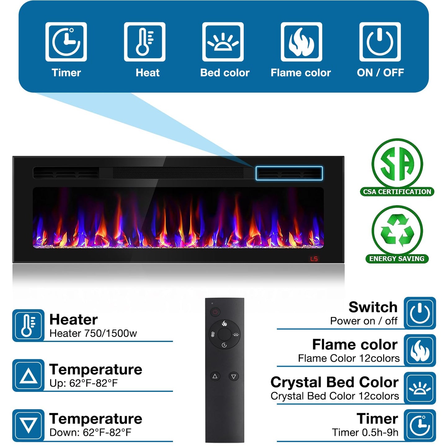 50 Inch Electric Fireplace Recessed and Wall Mounted, Fireplace Heater and Linear Fireplace, Ultra-Thin Electric Fireplace, Low Noise, with Timer, Remote Control, Adjustable 12 Flame Color, 750/1500W