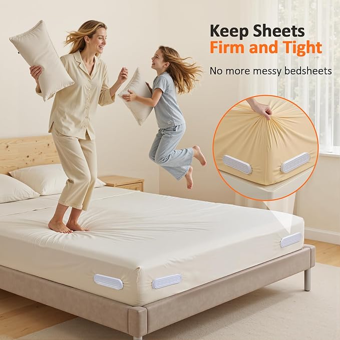 Bed Sheet Holders for Corners: 4Pcs Fitted Sheet Holder with Locks, Sheet Clips Fits Mattress, Upgrade Sheet Holders Keep Sheets Firm & Tight, Heavy Duty Sheet Fasteners- White
