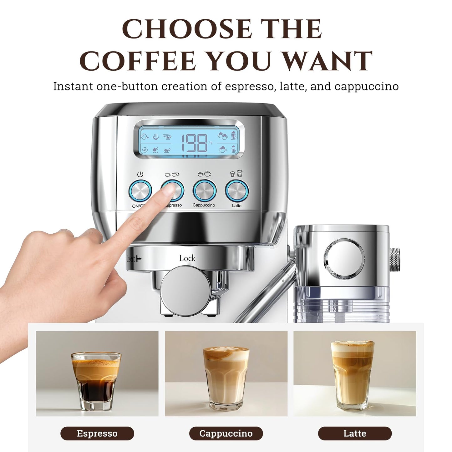 AMZCHEF Espresso Machine with Upgraded Automatic Milk Frother, 20 Bar Cappuccino & Latte Maker with LCD Display, Dual Wall Filters, Metallic Silver – Ideal Home Gift
