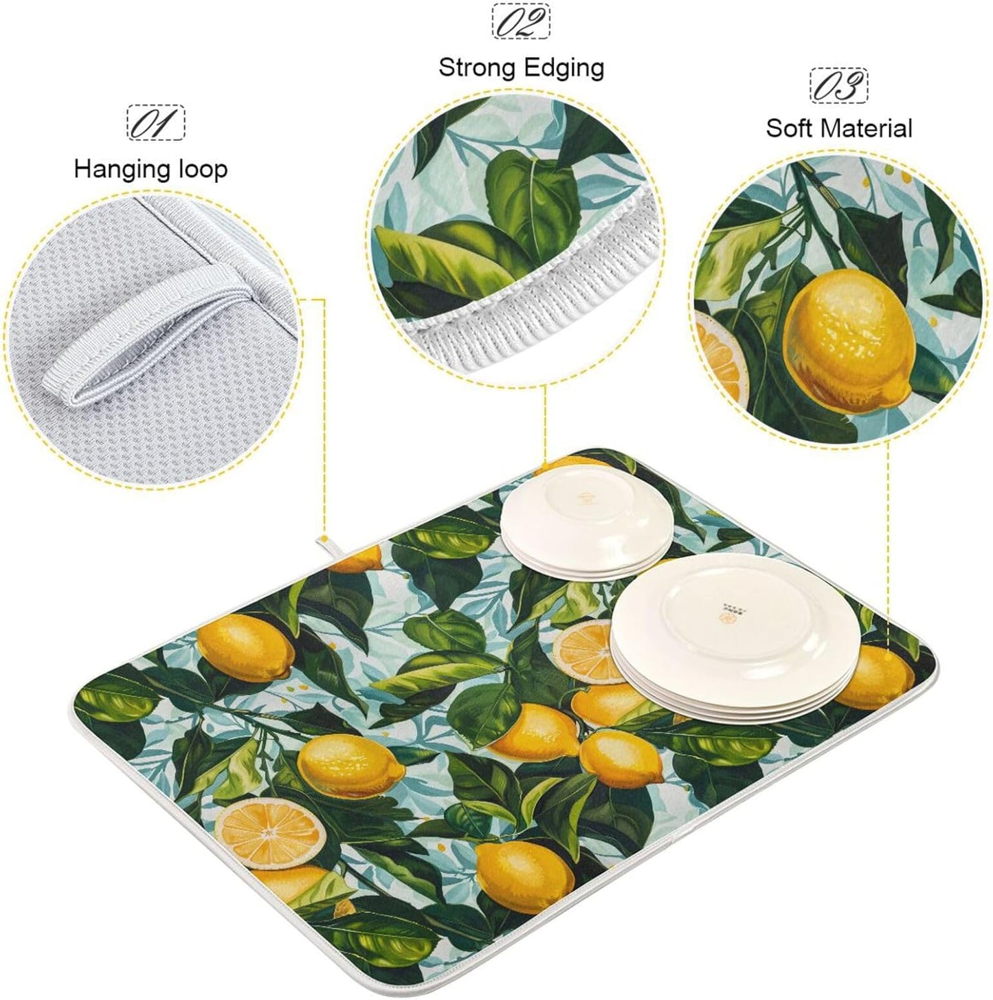 ALAZA Dish Drying Mat, Lemon Leaves Absorbent Dish Drying Pads for Kitchen Countertop 16 x 18 inches