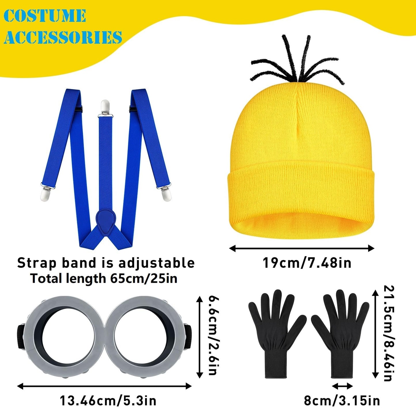 MEEZY 5 Pcs Halloween Costume Accessories for Girls Yellow Beanie Tutu Skirt Suspenders Goggles Gloves Halloween Costumes Party Cosplay Dress Up Set
