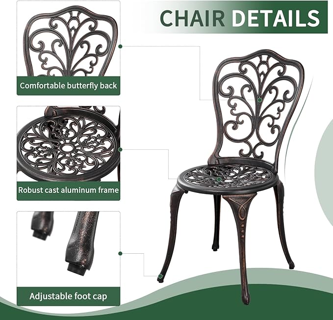 Withniture Outdoor Bistro Set 3 Piece Patio Bistro Set with Umbrella Hole, Weather Resistant Bistro Table and Chairs Set of 2 for Porch Garden, Bronze