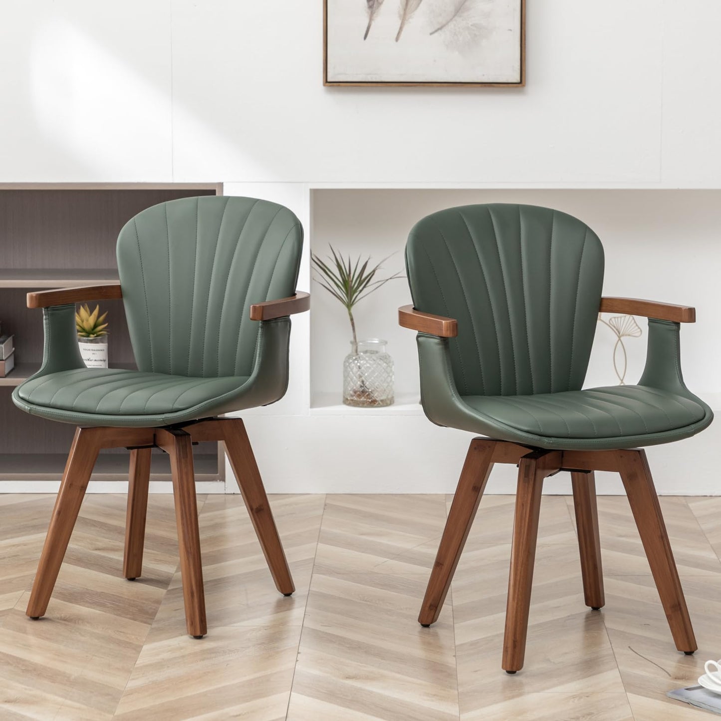 LUNLING Swivel Dining Room Chairs Set of 2, Mid Century Modern Green Faux Leather Kitchen Chairs with Arms,Bamboo Legs Side Chairs No Wheels,Accent Chair for Dining Rooms and Offices