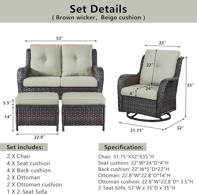 Belord 5 Piece Outdoor Patio Furniture Set - Wicker Furniture Patio Conversation Set, Outdoor Swivel Rocker Chairs with Loveseat Sofa and 2 Ottomans for Small Space, Beige Cushion