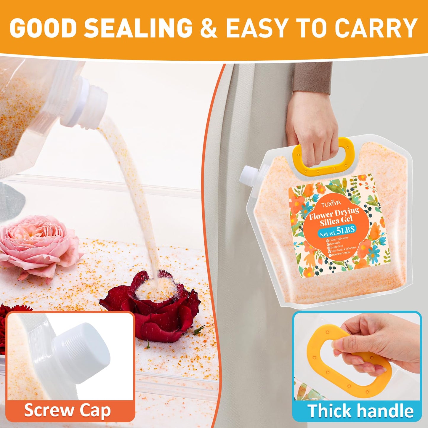 TUXIYA 10LBS Silica Gel Flower Drying,Reusable Flower Drying Silica Gel Crystals with 2PCS 6L Airtight Containers, Color Indicating Flower Preservation Kit for Drying Flowers Bead Size<1mm