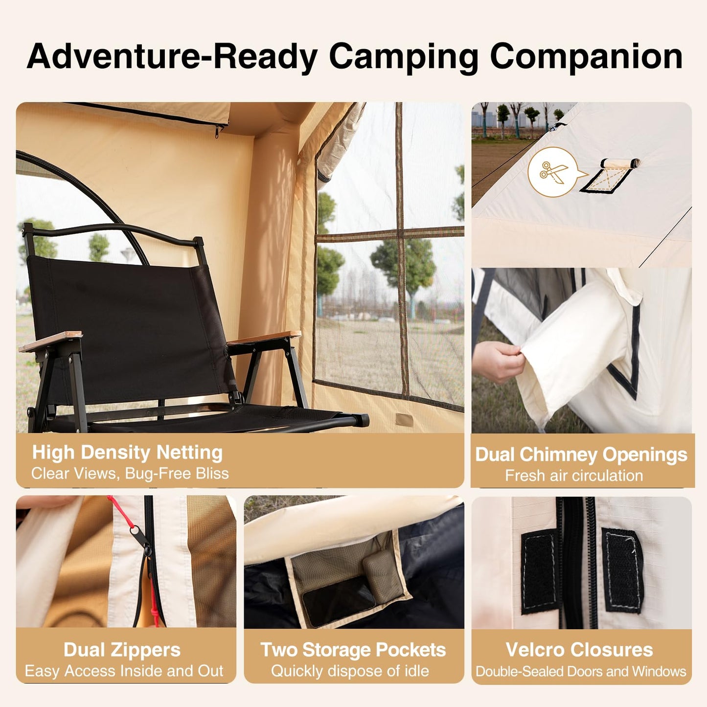 KNUO 2026 Upgraded Waterproof Inflatable Camping Tent for 2~4 People, Large Blow-Up Air Tent, No Assembly Needed Luxury Glamping House, 10x7.2ft Oxford Fabric, Beige