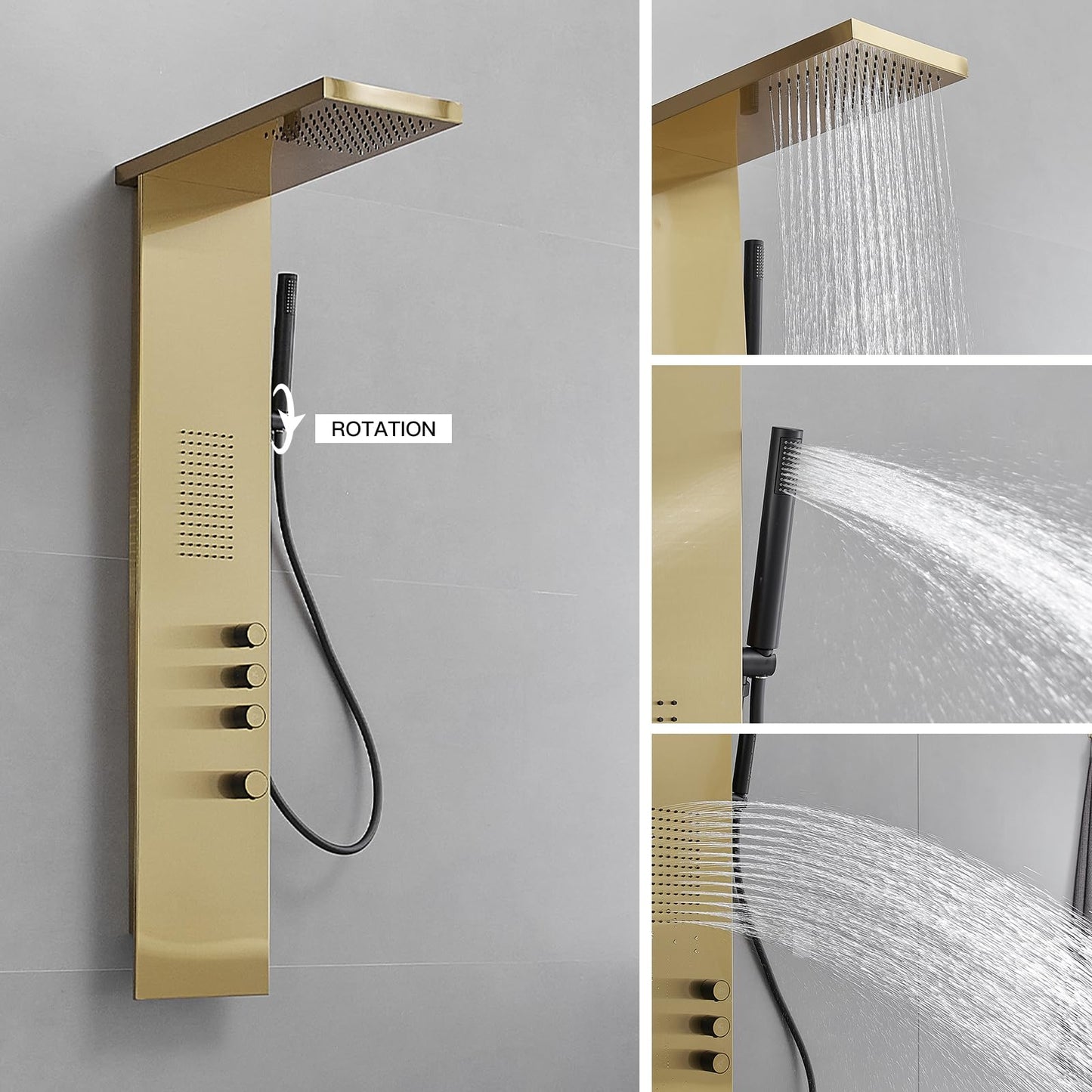BWE 3 IN 1 Shower Panel Stainless Steel Shower Panel Tower System Rainfall Shower Head with Handheld Shower and Rain Massage Body Jets Wall Mount Shower System,Brushed Gold