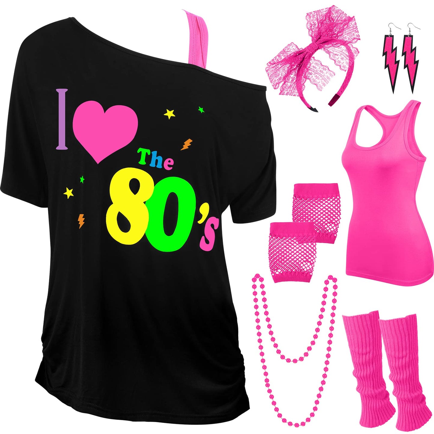 Didaey I Love The 80's Disco 80s Costume Print Off Shoulder Tops Tank Top Headband Earring Necklace Legwarmers Fishnet Gloves (Rose Red,XX-Large)
