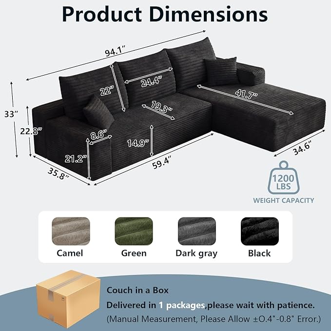 95" Cloud Sectional Couch with L-Shape Chaise, Modern Corduroy Boneless Couch for Living Room,Memory Foam Sofa with Deep Seat,No Assembly Required (Black,Right-Facing Chaise)