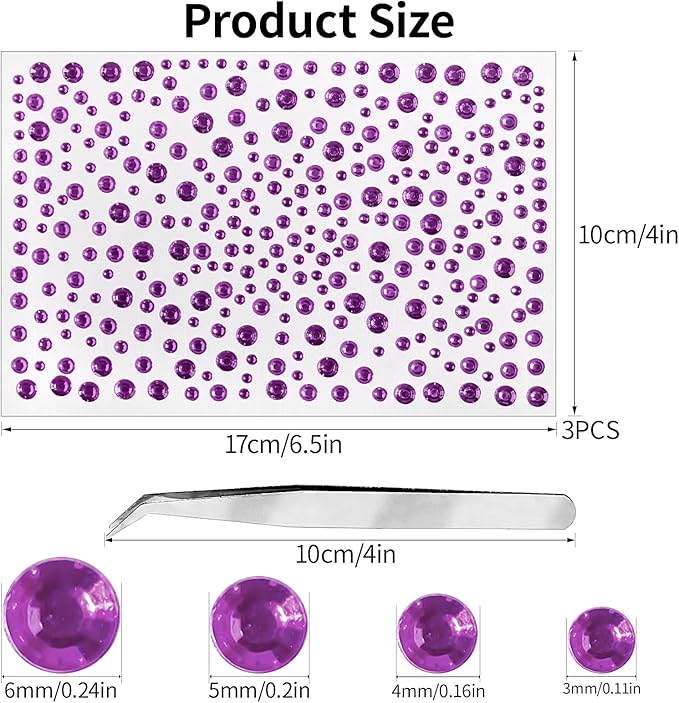 Self Adhesive Face Gems and Pearls for Makeup, Festival Jewels, Hair Gems, Rhinestone Stickers for Face, Eye, Makeup, Nail, Body, Crafts 3/4/5/6 mm 975Pcs (17.gem_Lightpurple)