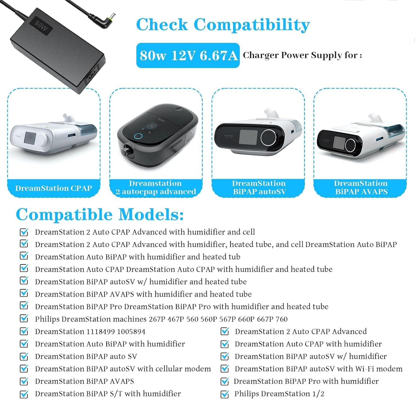 HHZ 80W Charger Compatible with Philips DS500 DS700 DSX510H11C DSX520T11C, DreamStation 2 Respironics CPAP Auto Pro Ref 1144267 MEA080A12C 12V 6.67A Adapter 1118499 100589 Power Cord Supply