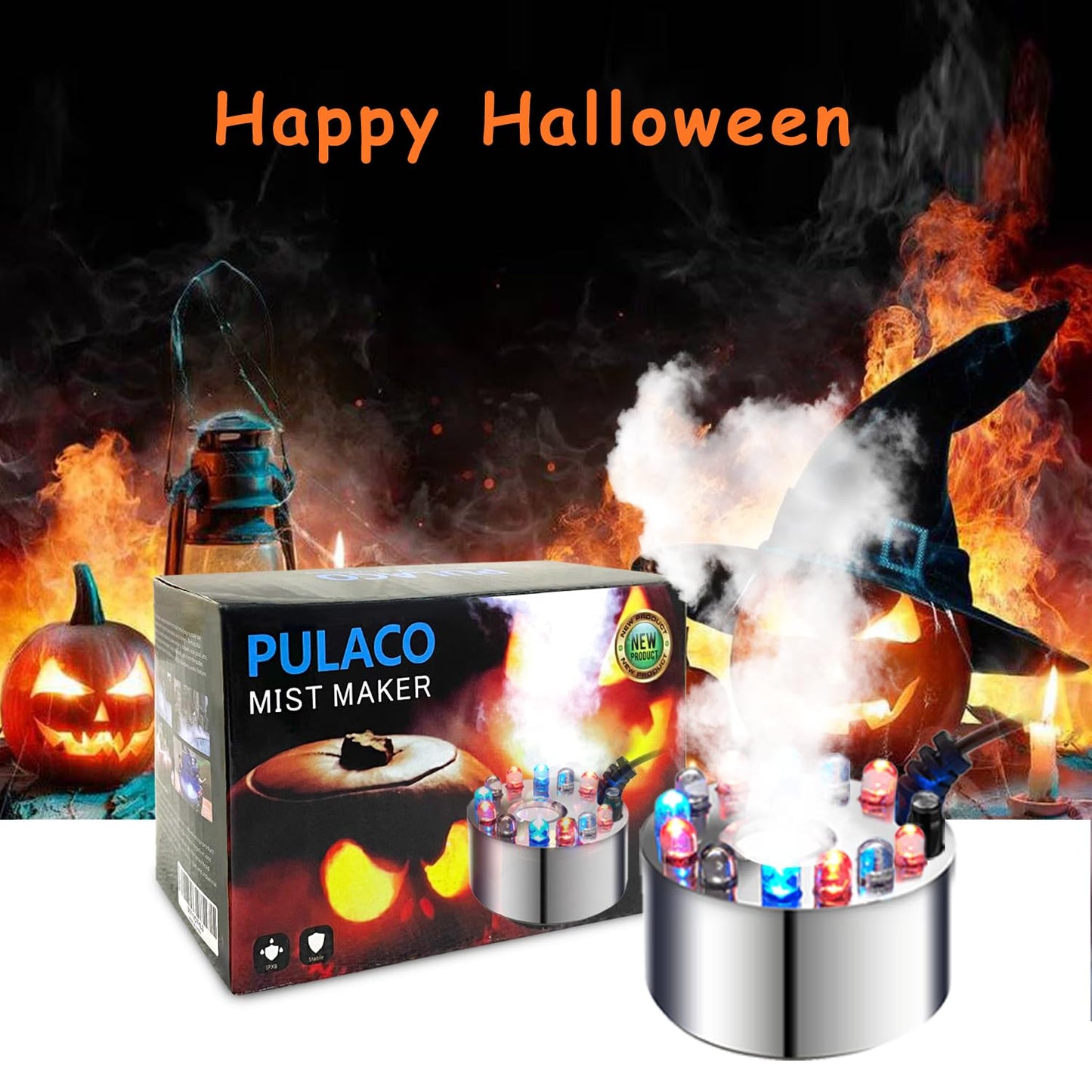 PULACO Mist Maker, 12 LED Mister Fogger Water Fountain Pond Fog Machine Atomizer Air Humidifier, Indoor Fountain Mister Foggers Perfect for Halloween