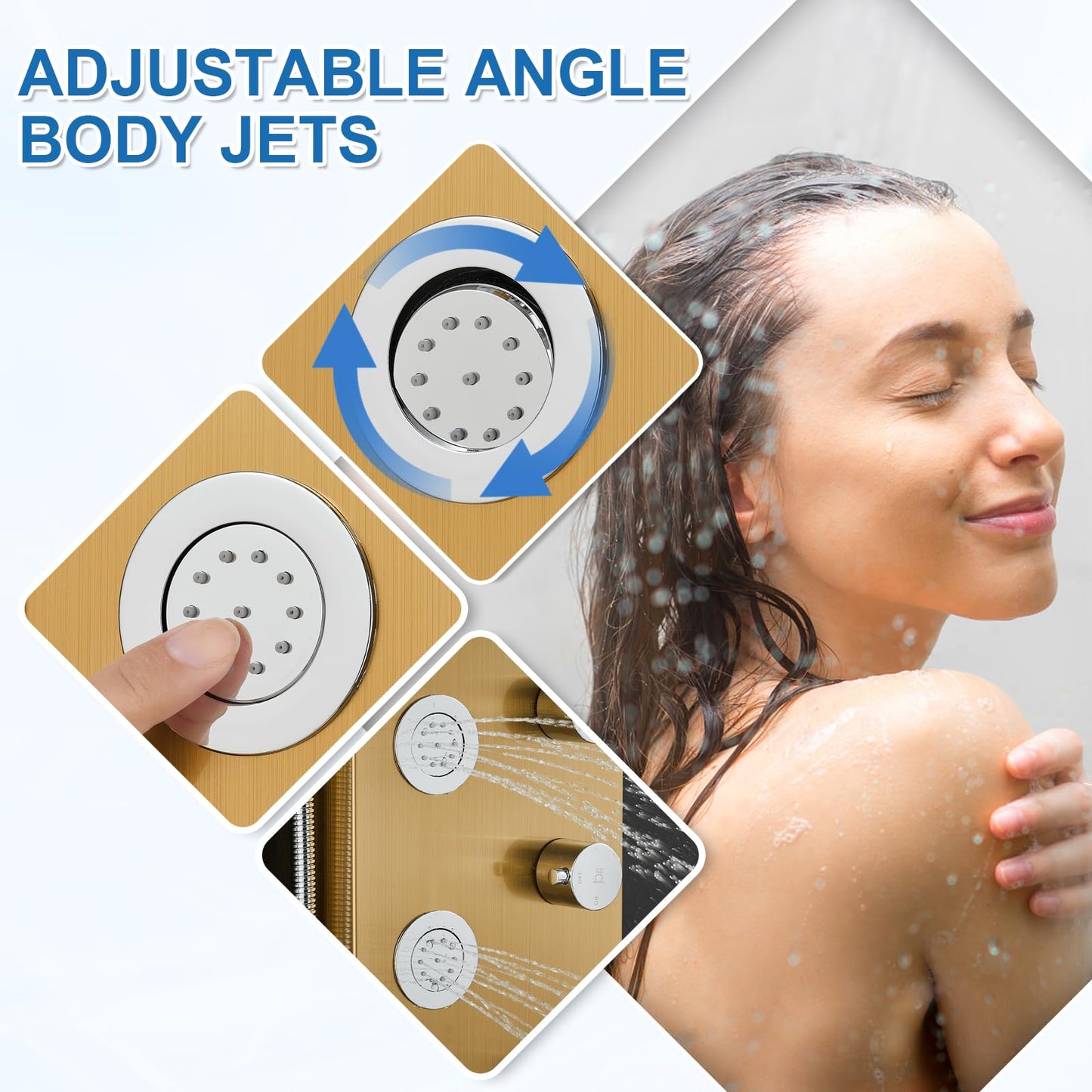 OUGOO Shower Panel Tower System with Rainfall & Waterfall Shower, 5 Body Jets, 3-Function Handheld, 304 Stainless Steel Shower Tower Column, Gold