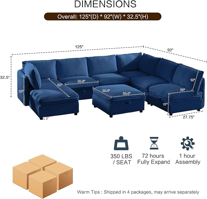 FIRLZY Oversized Modular 8 Seater Sofa with Removable Covers and Storage, Convertible U, L-Shaped and Sleeper Sectional, Modern Corduroy Couches with Ottoman Chaise for Living Room, Blue