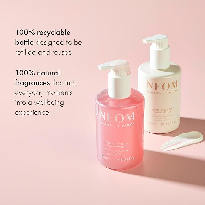 Neom Complete Bliss Hand Wash, 300ml | Blush Rose, Lime & Black Pepper I Natural colour derived from gardenia fruit I 100% Recyclable Bottle I Refillable