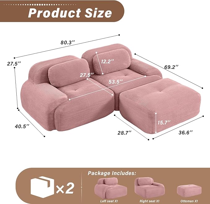 SoarFlash 81” Sectional Cloud Boneless Sofa Couches for Living Room-2 Seater L-Shaped Modern Lounge Couch-No Assembly Modular Corduroy Convertible Sponge Sleeper Sofas with Chaise for Home House,Pink