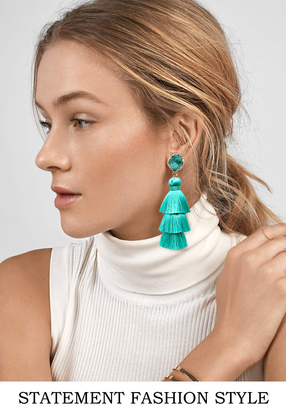 Me&Hz Fashion Layered Tassel Dangle Earrings Statement Lightweight Drop Earrings Hypoallergenic Studs for Women Turquoise Green