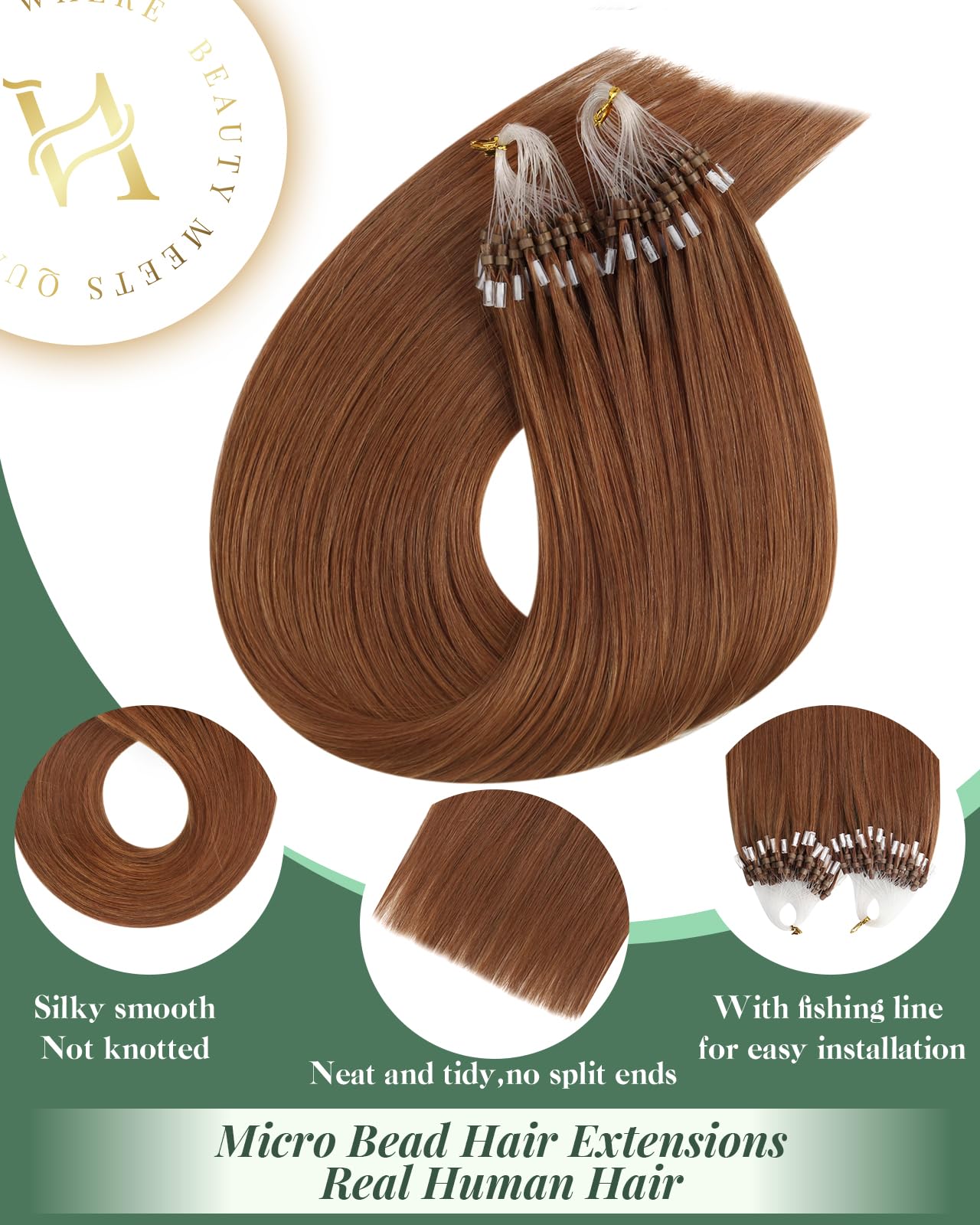Ugeat Copper Micro Bead Hair Hair Extensions Human Hair Copper Microlink Extensions Human Medium Length 18 Inch Color Micro Loop