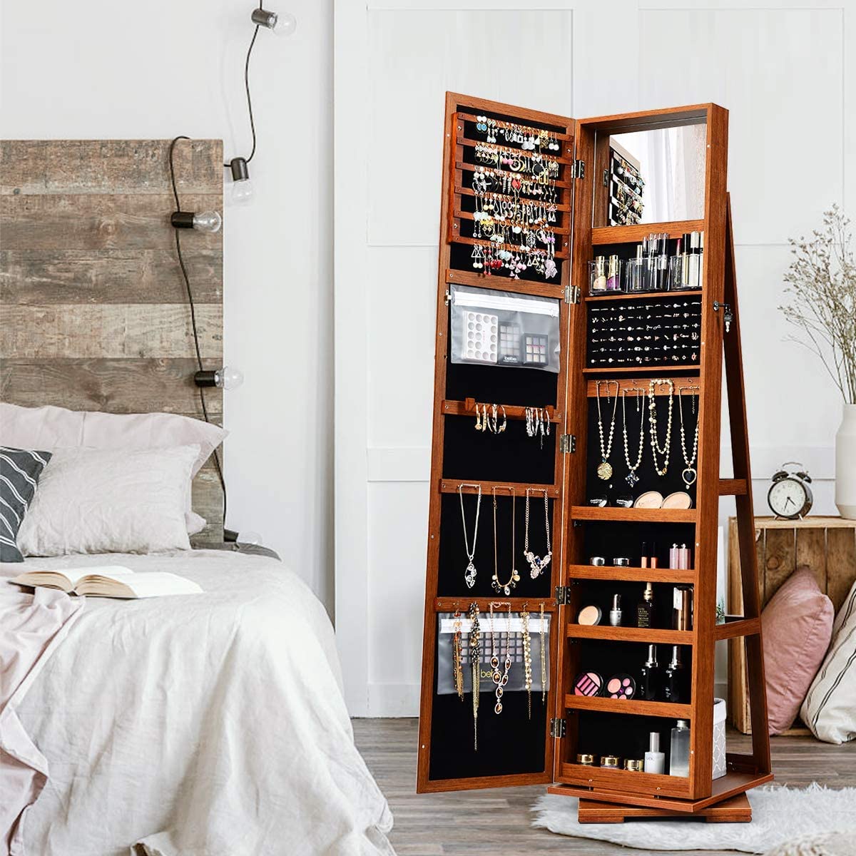 Byroce 360° Rotating Jewelry Organizer, Full Length Mirror with Storage, Lockable Jewelry Cabinet with Inside Makeup Mirror & 3-Tier Rear Shelves, Standing Jewelry Armoire (Walnut)