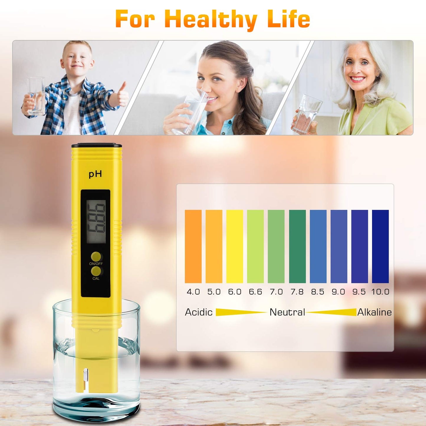 PH Meter for Water Hydroponics Digital PH Tester Pen 0.01 High Accuracy Pocket Size with 0-14 PH Measurement Range for Household Drinking, Pool and Aquarium (Yellow)