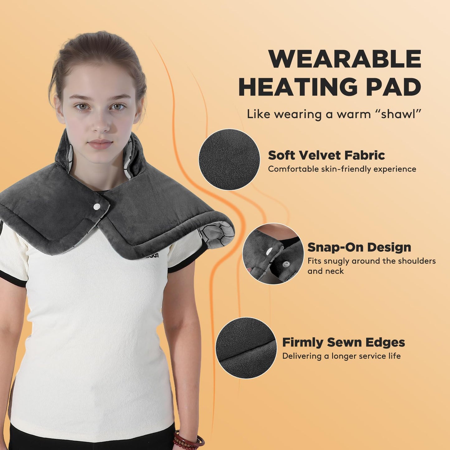 Tovve Heating Pad for Neck, Large Wearable Relax Muscles for Back Shoulders, Birthday Gifts for Women Men Mom Dad Elderly, 3 Heat Settings/2-Hour Safe Auto-Off, 23"×17" Ergonomic Fit Design-Gray