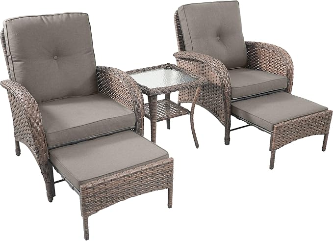 Rilyson Wicker Patio Furniture Set - 5 Piece Balcony Furniture Set with Hidden Ottomans, Rattan Outdoor Patio Chairs with Side Table for Porch Deck Poolside Garden Brown/Grey