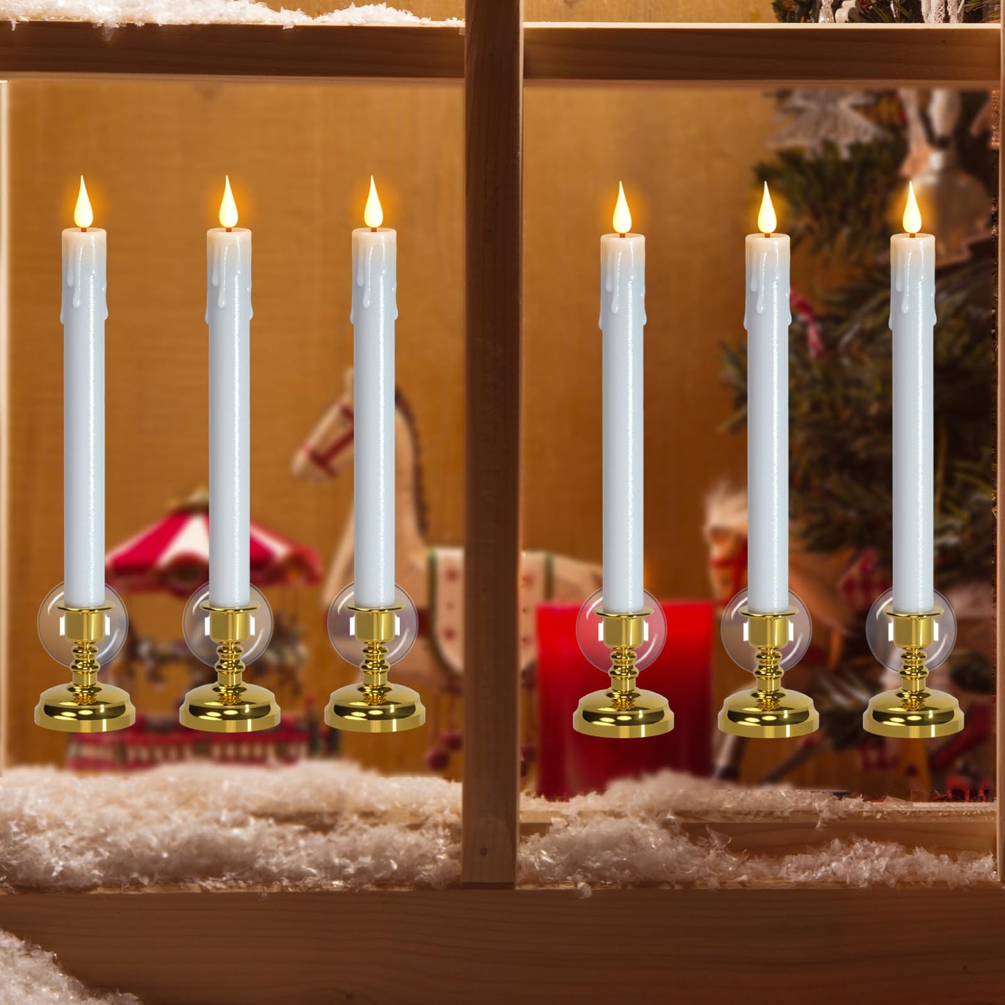 DRomance Christmas Flameless Window Taper Candles Battery Operated with Remote and Timer, 6 Pack White Plastic Dripping LED Flickering Candles with Suction Cups Holiday Indoor Decor(Gold Holders)